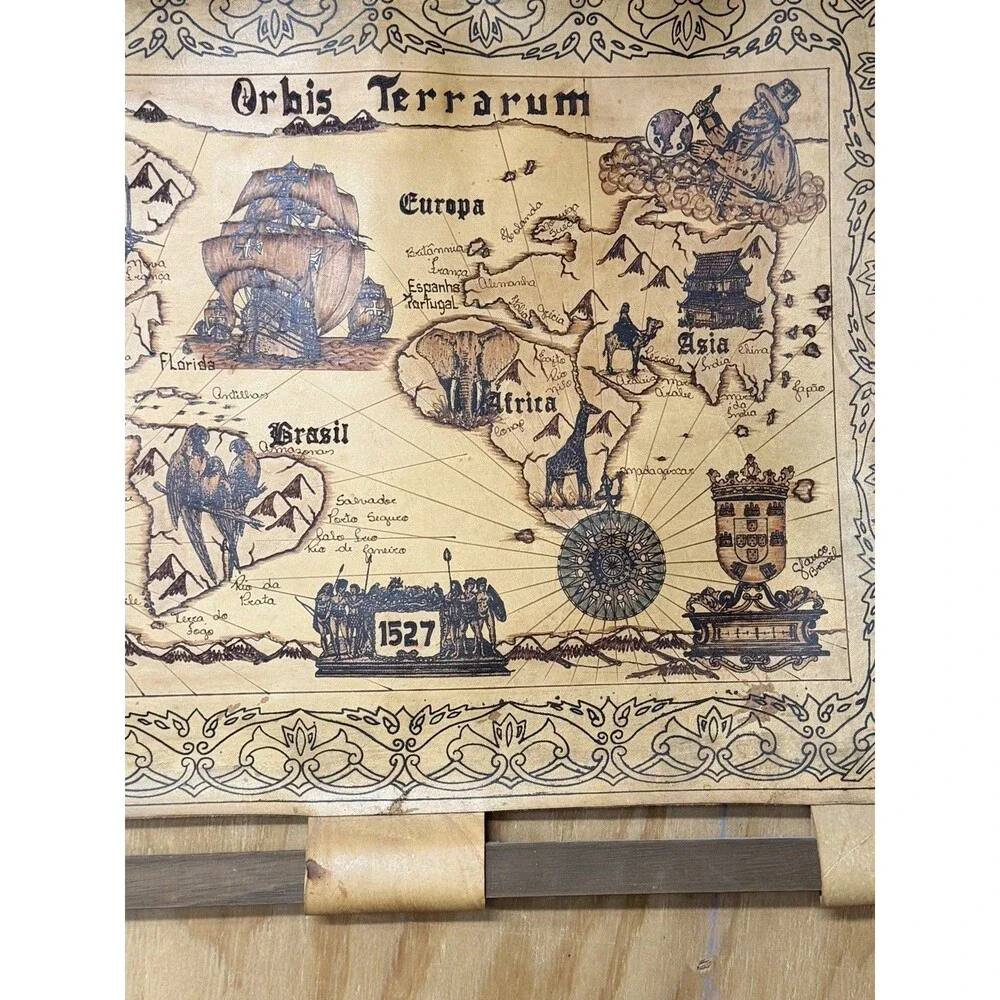 Vintage Leather World Map Wall Hanging decor Orbis Terrarum 1527 Pyrography 29.5